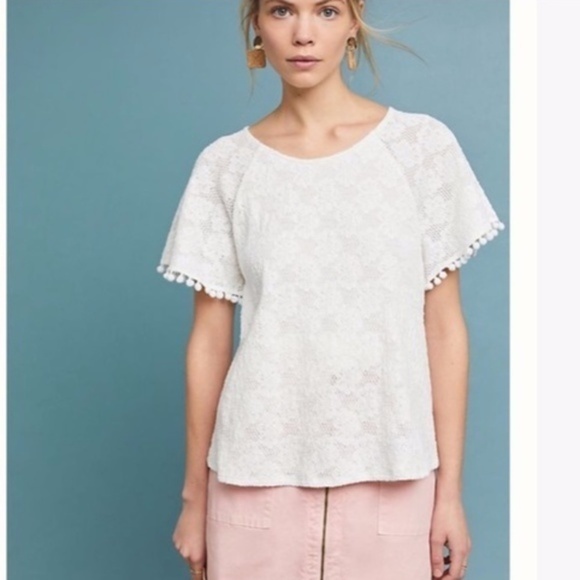 NWOT Anthroplogie Eri & Ali  Bianca Pom Lace Top - Picture 1 of 8